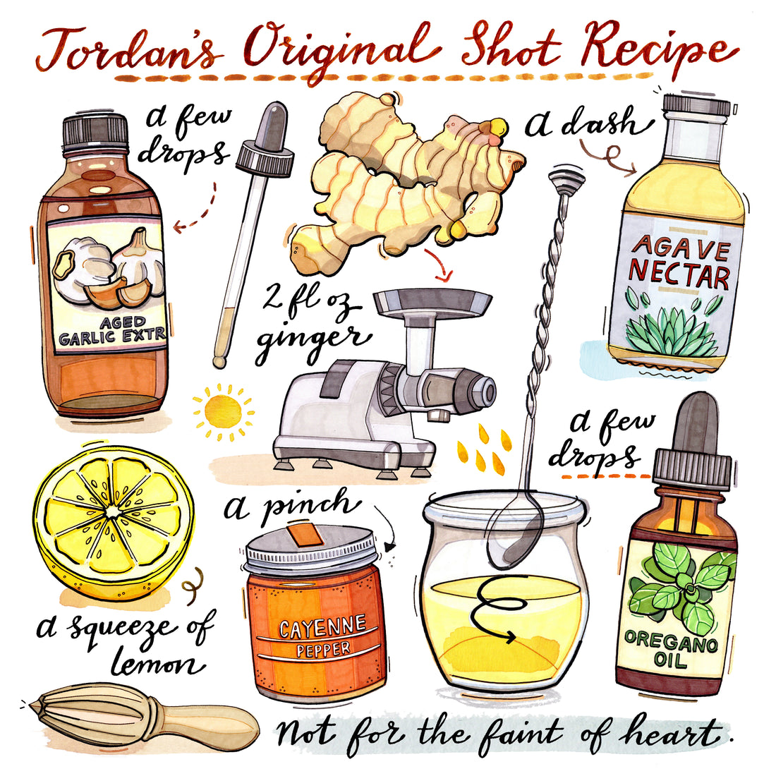Illustration of KOR SHOTS Jordan's original organic wellness shot recipe